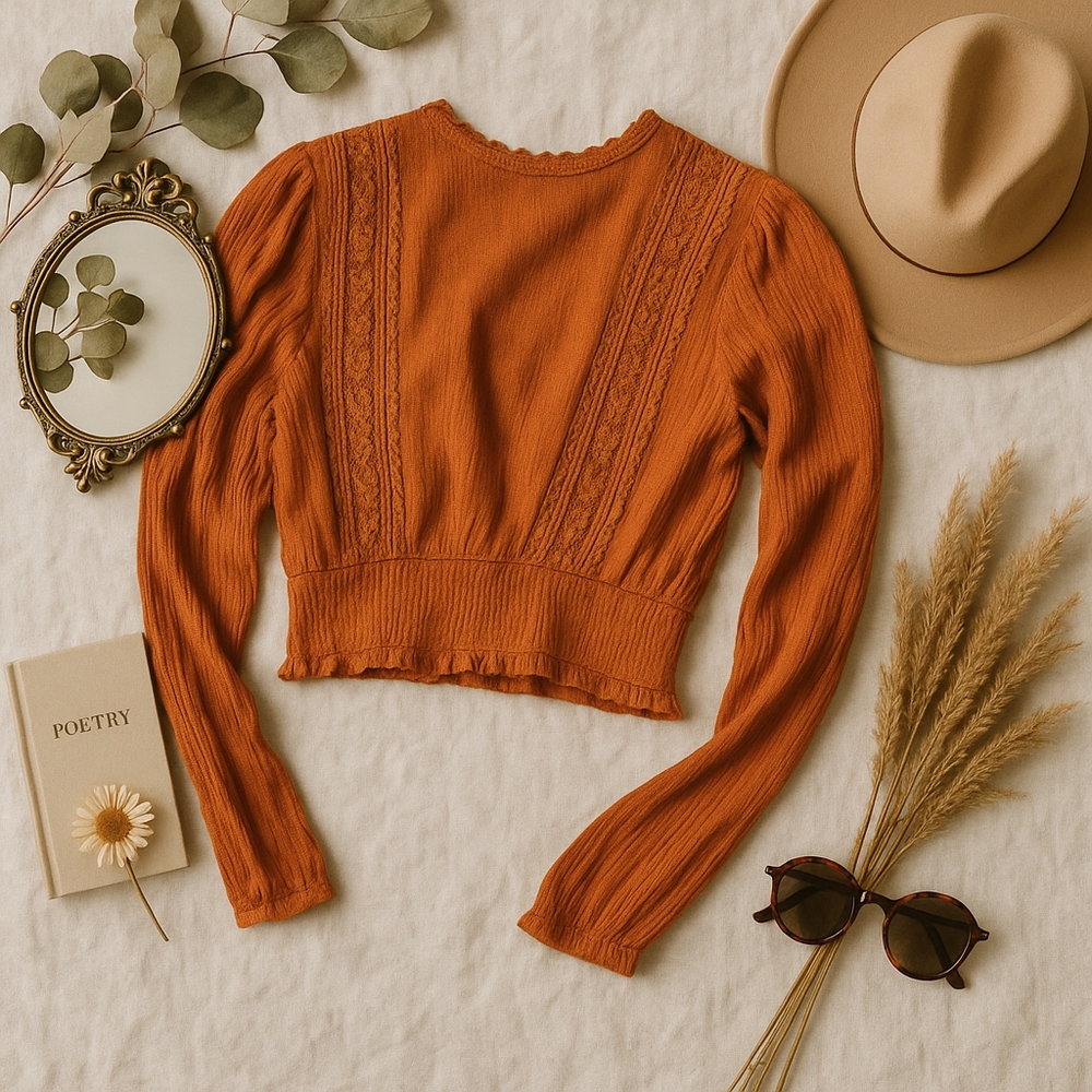 Elegant Orange Lace Long Sleeve Blouse